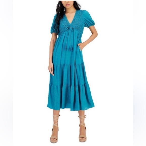 Taylor Dresses & Skirts - Teal Puff-Sleeve Tiered Midi Dress Size 8